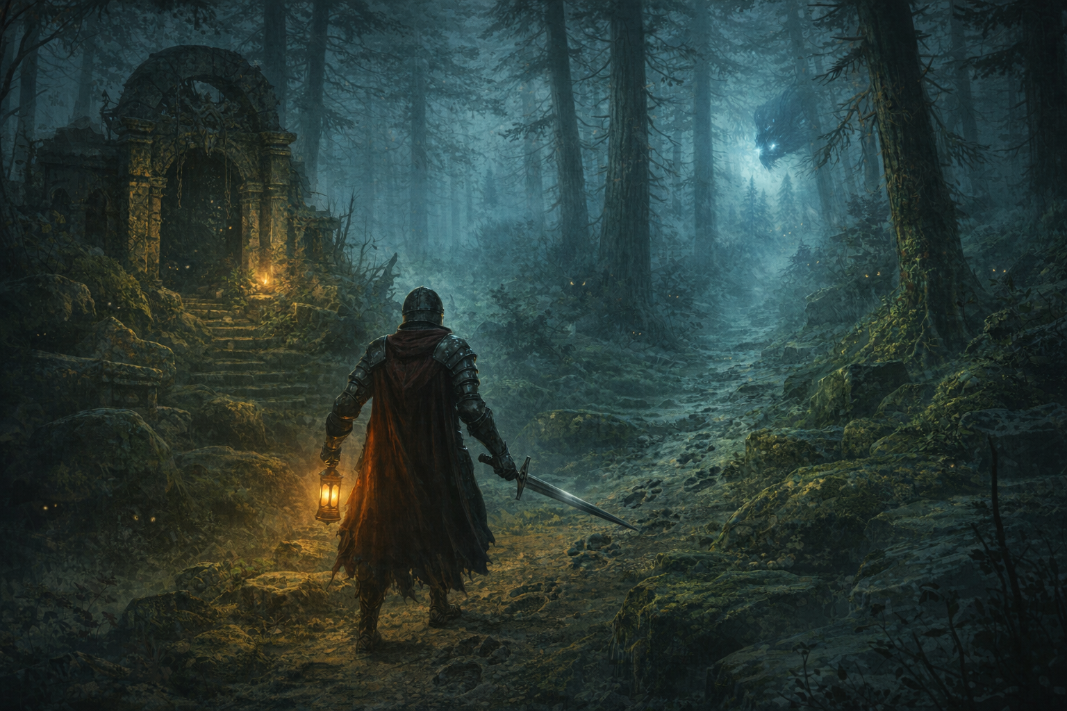 Armored adventurer entering a misty pine forest