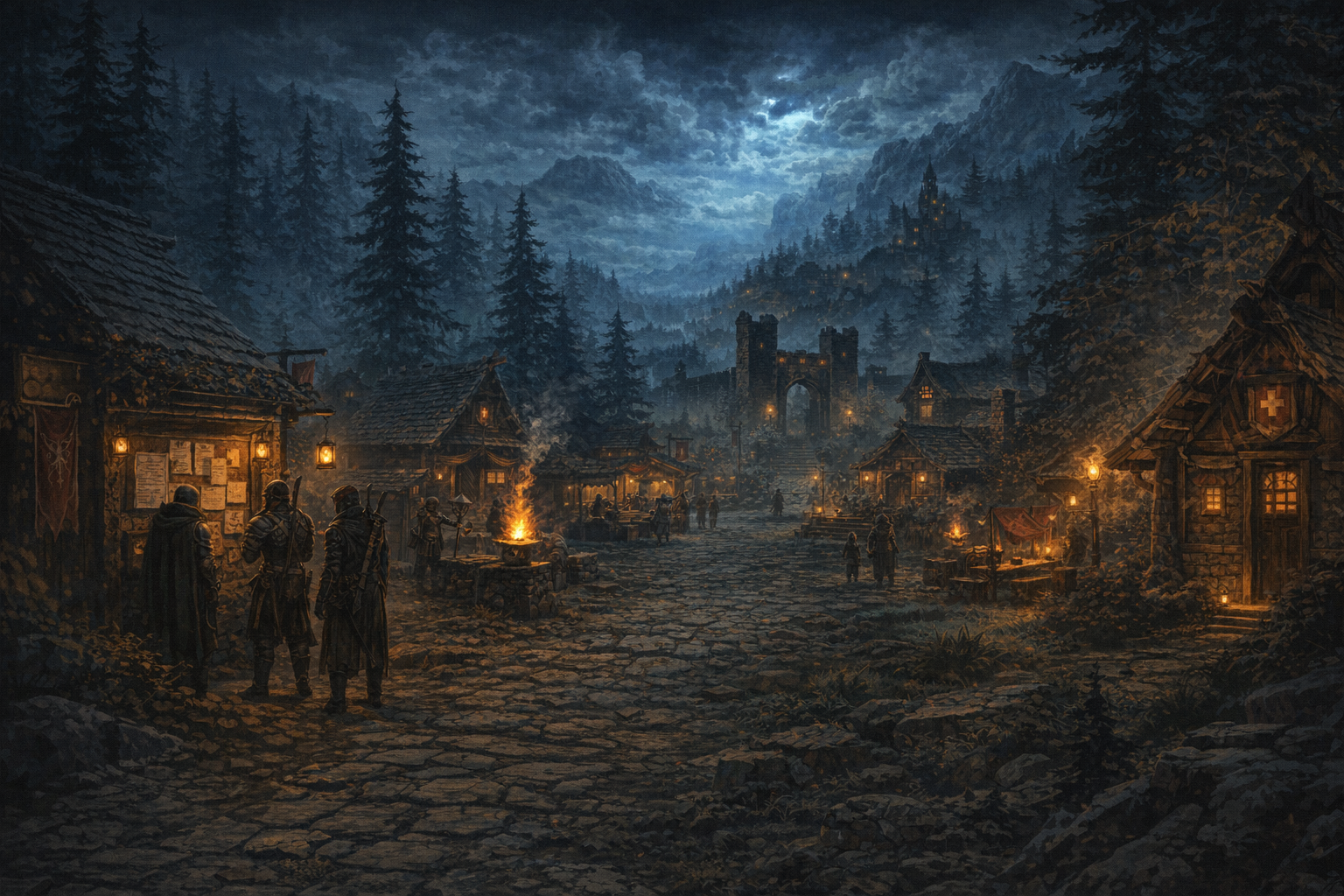 Torchlit village road leading toward a fortified gate